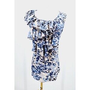 Cabi Ruffle Blouse Abstract Sleeveless Medium Blue Cream 100% Silk
